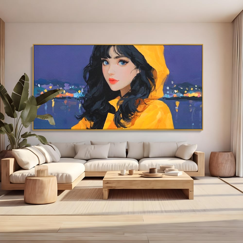 Tablou canvas cu tablou canvas cu femeie in pelerina galben, in rama de aluminiu auriu, pe perete intr-un living